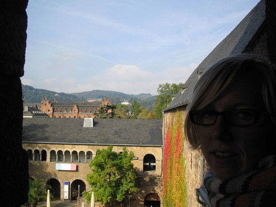 Ines in Trier looking out of the Porta Nigra